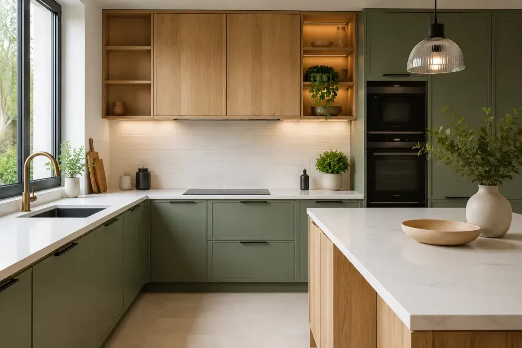 Cuisine moderne en L avec îlot central, façades bois et vert mat, plan de travail en pierre claire