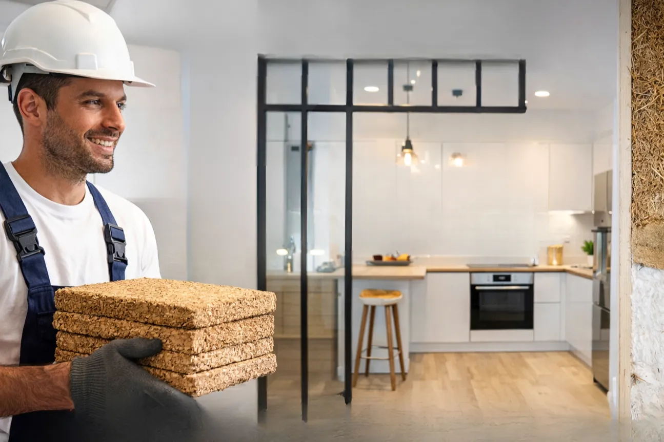 Intérieur d’un appartement T2 optimisé : verrière séparant le salon et la cuisine ouverte, meubles encastrés et rangements intégrés, espace lumineux et fonctionnel