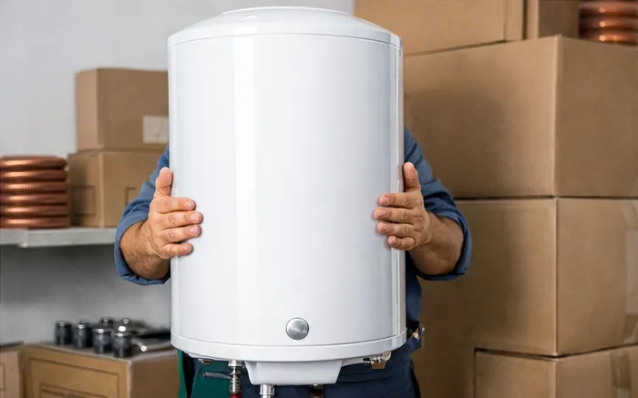 Ballon d’eau chaude neuf tenu par un technicien, prêt à être installé, avec des cartons et pièces de plomberie en arrière-plan.
