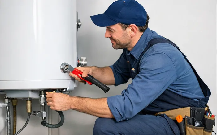 Plombier en uniforme utilisant une clé pour fixer un ballon d’eau chaude sur le mur, avec les raccordements visibles en dessous.