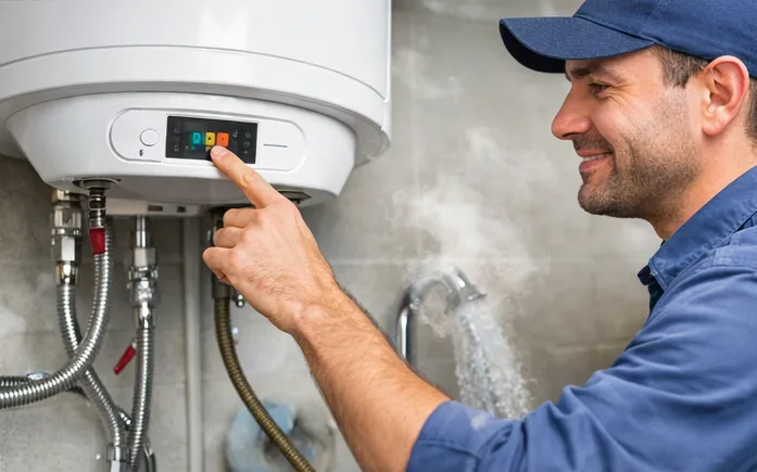 Gros plan sur les mains d’un plombier connectant les tuyaux d’arrivée et sortie d’eau à un ballon d’eau chaude.