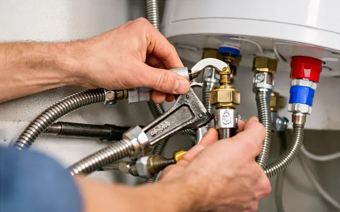 Plombier appuyant sur le panneau de contrôle d’un ballon d’eau chaude pour démarrer l’appareil, vapeur légère visible.