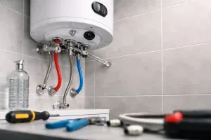 remplacement chauffe eau neuf installé dans une salle de bain moderne à Paris, avec tuyaux et outils de plomberie pour une intervention sécurisée et rapide