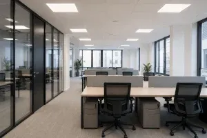 Aménagement de bureaux modernes rénovés en open space à Paris avec espaces de travail et cloisons vitrées