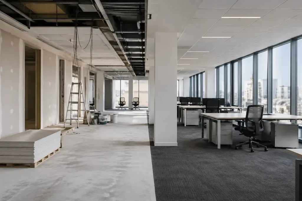 Espace de bureau moderne en cours de rénovation avec une zone en travaux et une zone occupée fonctionnelle, illustrant un chantier en site occupé à Paris