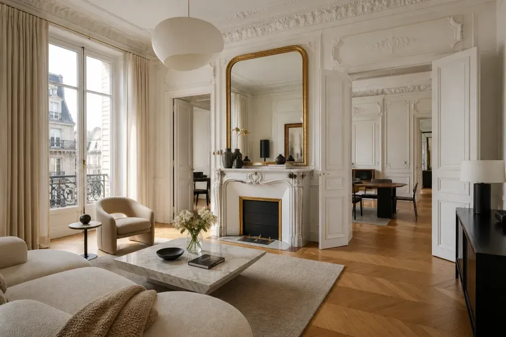 salon appartement haussmannien rénové Paris parquet point de Hongrie moulures plafond cheminée marbre intérieur haut de gamme