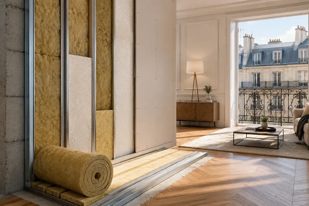 Mur en cours d’isolation dans un appartement à Paris avec laine isolante et plaques de plâtre, rénovation intérieure sans présence humaine