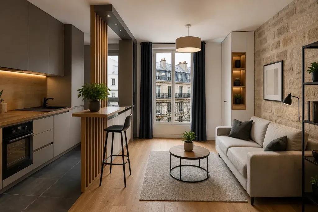 studio rénové moderne à Paris intérieur optimisé petite surface sans présence humaine