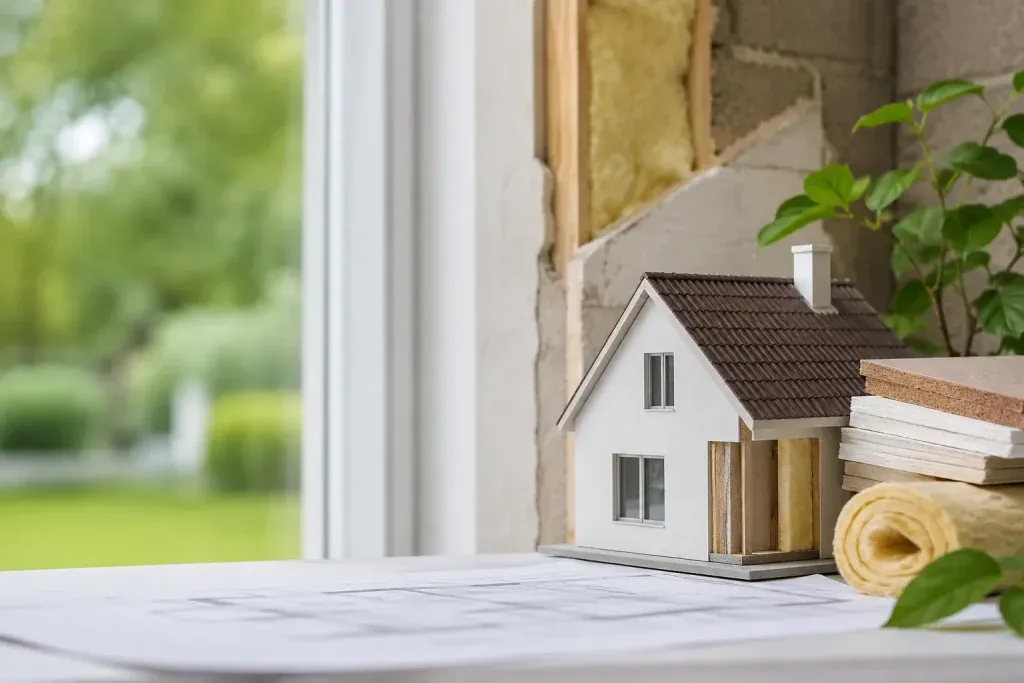 Maison en rénovation avec isolation thermique, matériaux d’isolation et plans de travaux pour illustrer les aides MaPrimeRénov’ et les travaux de rénovation énergétique éligibles.